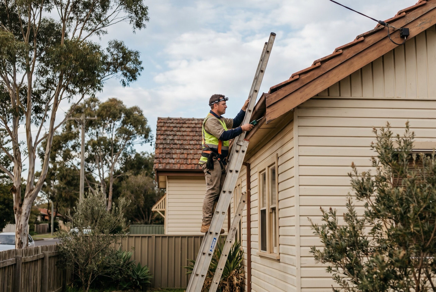 A technician inspecting the eaves and roofline of a Newcastle home